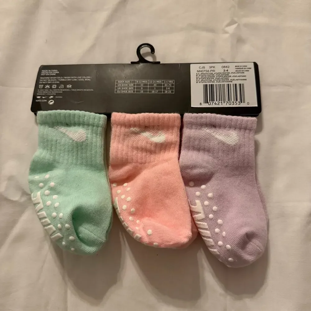 Nike Toddler 3 Pk Purple Pink Green Ankle No Slip Embroidery Logo Socks Size 2-4